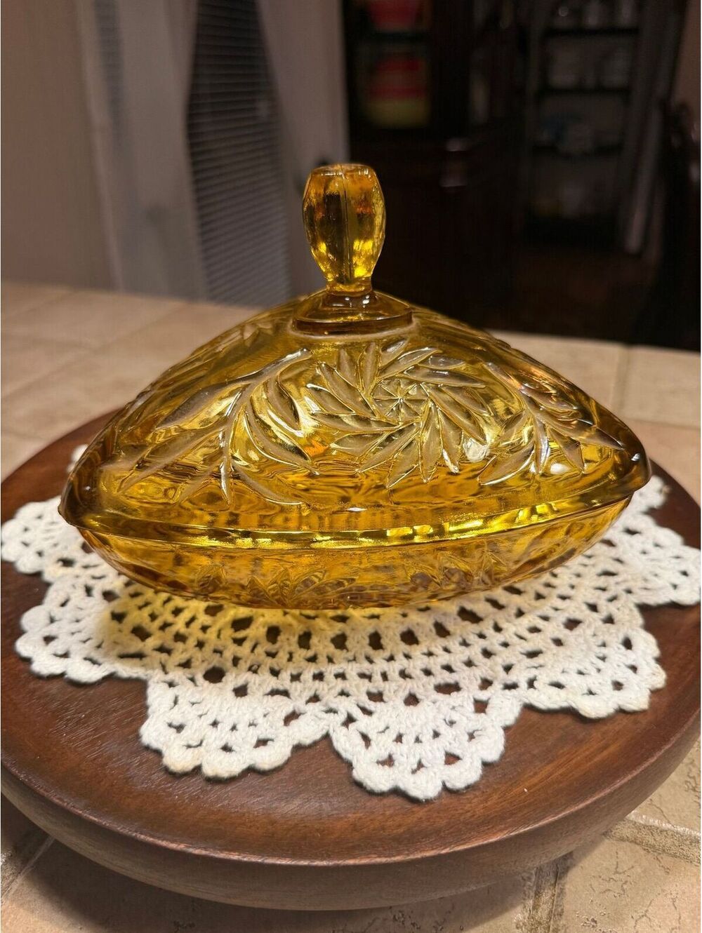 3. Vintage Hazel Atlas Triangle Candy Dish Amber Glass MCM Etched Pinwheels